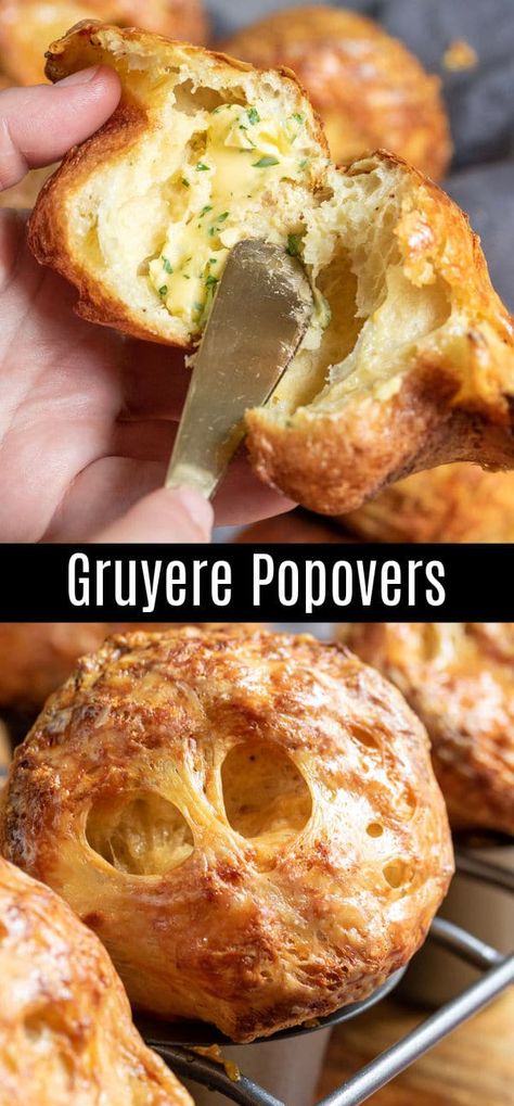 These easy Gruyere Popovers are a fluffy, cheesy popover recipe that make a great addition to Thanksgiving dinner or Christmas dinner! These cheesy popovers are a savory bread recipe that is easy to make and always impresses guests! #bread #popovers #cheese #thanksgiving #christmas #rolls #baking #homemadeinterest Cheesy Popovers, Gruyere Popovers, Popover Recipes, Savory Bakes, Thanksgiving Dinner For Two, Rolls Baking, Christmas Rolls, Savory Bread Recipe, Popover Recipe