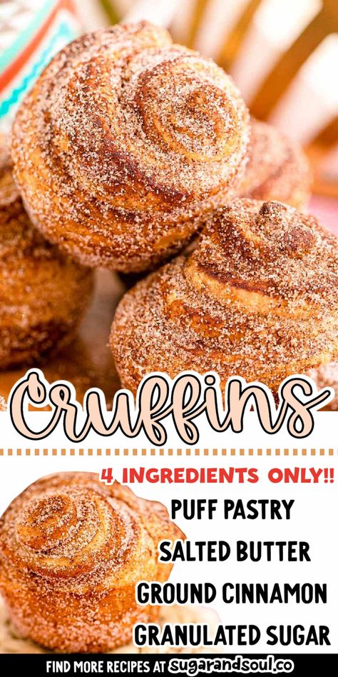 Desert Puff Pastry Recipes, Puff Pastry Donuts Baked, Cinnamon Pastry Rolls, Puff Pastry Doughnut Recipe, Cruffin Recipe With Puff Pastry, Cronut Recipe Puff Pastry, Sheet Puff Pastry Recipe, Easy Cinnamon Sugar Cruffins, Homemade Breakfast Pastry