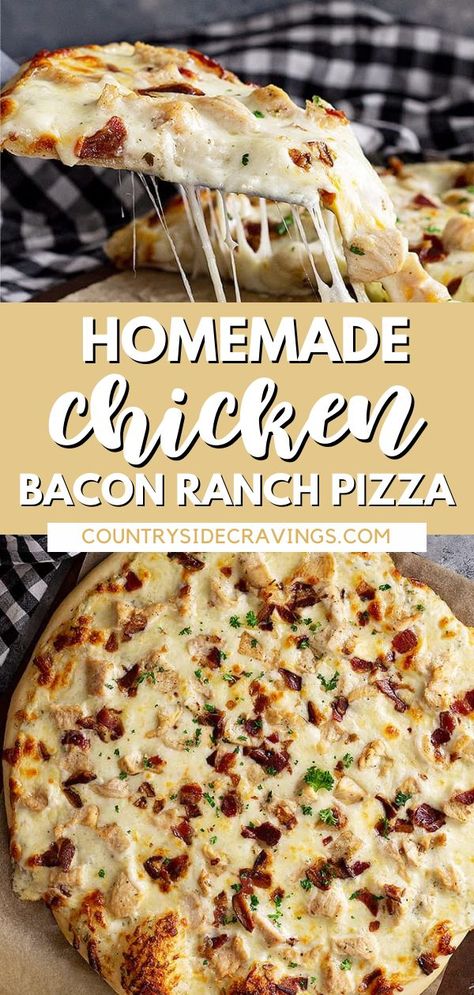 This Chicken Bacon Ranch Pizza is easy to make and full of flavor! Loaded with smokey bacon, pieces of chicken, melty cheese, and creamy ranch. If you are looking to make homemade pizza for your next pizza night in you have to give this chicken bacon ranch pizza a try! Use my Homemade Pizza Dough to get you started Bacon Ranch Pizza, Ranch Pizza, Chicken Bacon Ranch Pizza, Pizza Roll, Creamy Ranch, Easy Homemade Pizza, Pizza Dough Recipe, Making Homemade Pizza, Homemade Pizza Dough