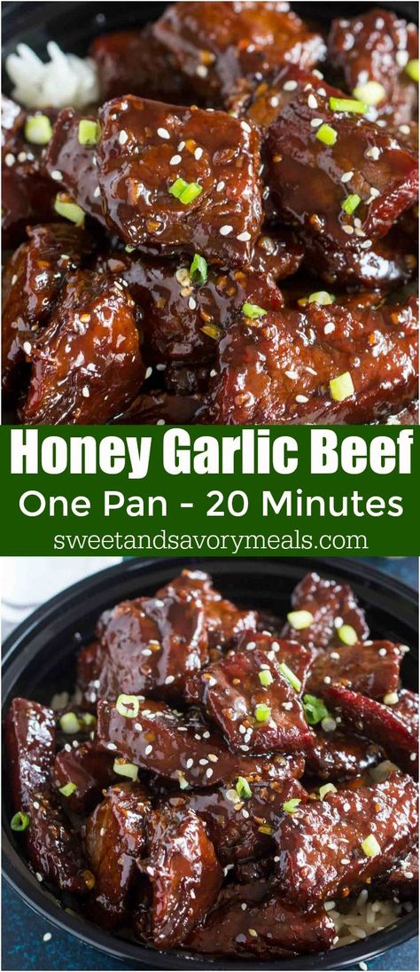 Easy Ginger Beef Recipe, Chunk Meat Recipes, Honey Garlic Beef Stir Fry, Stew Meat Recipes Asian, Honey Garlic Beef Tips, Asian Cube Steak Recipes, Sweet Beef Recipes, Easy Asian Beef Recipes, One Pan Dinners Beef