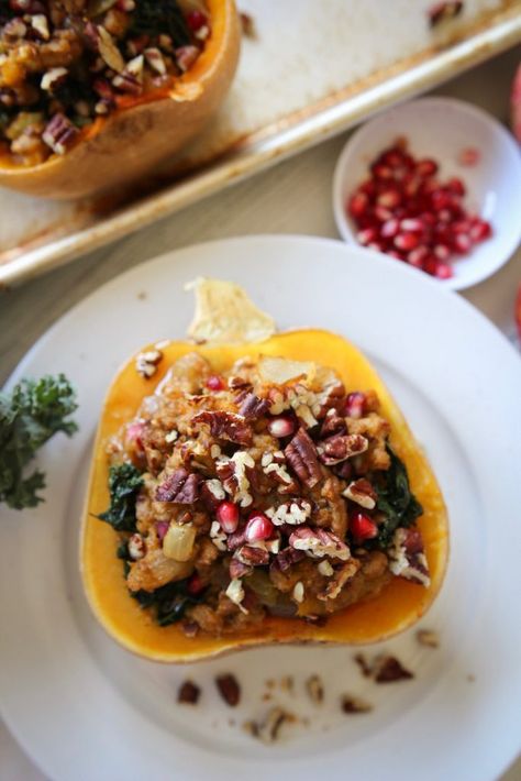 Stuffed Butternut Squash with Pomegranate and Pecans – Kelsey Ale Butternut Squash With Sausage, Butternut Squash With Spinach, Sausage Stuffed Butternut Squash, Squash With Sausage, Stuffed Butternut Squash, Butternut Squash Spinach, Ground Turkey Sausage, Stuffed Butternut, Recipes Sausage