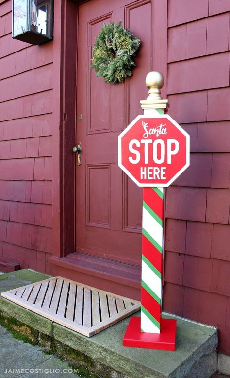 A DIY tutorial to build a Santa stop here sign post perfect for your exterior space. Includes free printable plans and printable lettering for sign. #santa Santa Stop Here Sign Diy, Elf Christmas Decorations, Wood Christmas Decorations, Wooden Christmas Crafts, Diy Santa, Halloween Decorations Diy Outdoor, Christmas Yard Decorations, Christmas Planning, Stop Sign