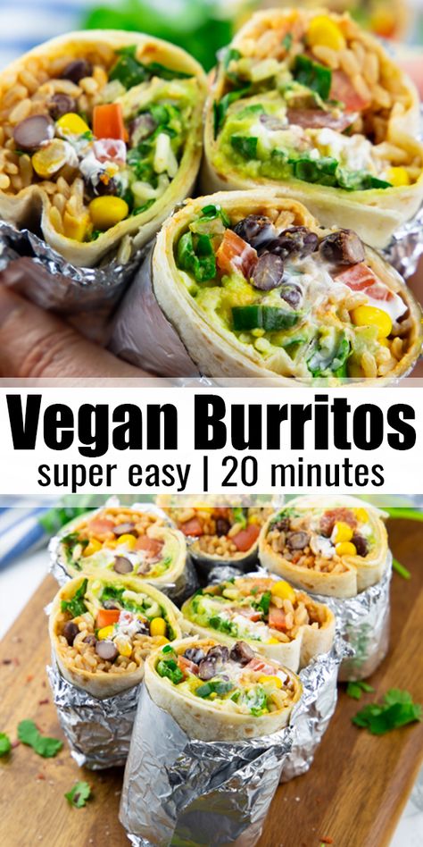 Burrito Vegan, Vegan Burritos, Resep Vegan, Rice Black Beans, Black Beans Corn, Vegan Burrito, Vegan Lunch Recipes, Vegan Sour Cream, Makanan Diet