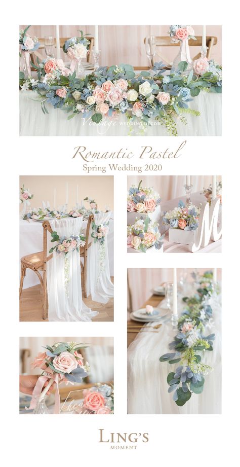 Romantic Pastel Floral Garland For Spring Wedding 2020, 10% Off First Order Pastel Wedding Theme, Colored Table, Blue Tablecloth, Spring Wedding Colors, Sand Sea, Wedding Theme Colors, Future Wedding Plans, Wedding Beach, Pastel Wedding