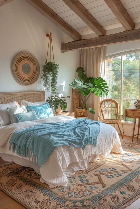 Toulon, Beam Bedroom Ideas, Boho Costal Bedroom, Ocean Blue Bedroom, Bedroom Ocean Theme, Earth Toned Bedroom, Soft Sofas, Rustic Coastal Bedroom, Ocean Bedroom Ideas