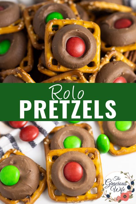 Rolo Pretzels are a simple salty-sweet chocolate and caramel treat! These little candies are so easy to make with just 3 ingredients! They're easy to make, make ahead, store, and freeze, and they go FAST at every occasion! Rollo Pretzel Treats Christmas, Pretzel With Rolo Candy, Ritz Candy Recipes, Christmas Rolo Pretzels, Chocolate Rolo Pretzels, Turtles With Pretzels And Rolos, Pretzel Rolo M&m Recipe, Pretzel With Rolos And M&ms, Roll Pretzel Candy