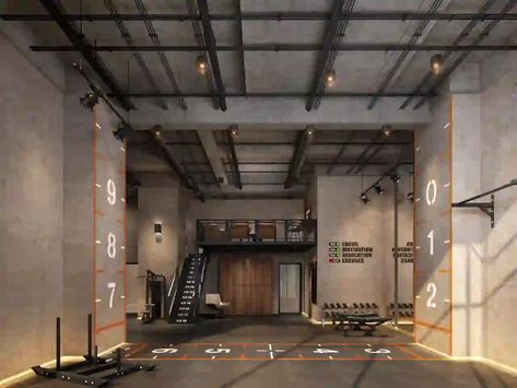 Industrial Style Gym Design Bodybuilding Gym Design, Warehouse Gym Design Industrial Style, Industrial Gym Interior, Industrial Gym Design, Industrial Home Gym, Industrial Gym, Crossfit Studio, Sport Office, Minimal Loft