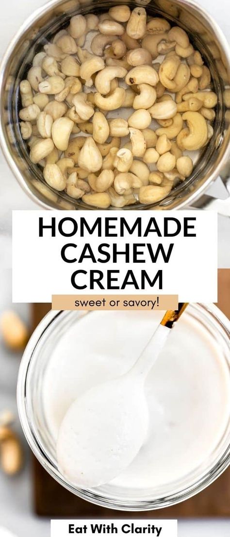 This homemade vegan cashew cream is easy to make and can be made sweet or savory! Use this cashew cream in pasta sauce, chia pudding, desserts and more. #cashewcream Oatmeal Savory, Dairy Free Heavy Cream, Best Vegan Salads, Cashew Cream Recipe, Pasta Soups, Dairy Free Dips, Dairy Free Pasta, Vegan Salad Dressing, Grain Free Desserts