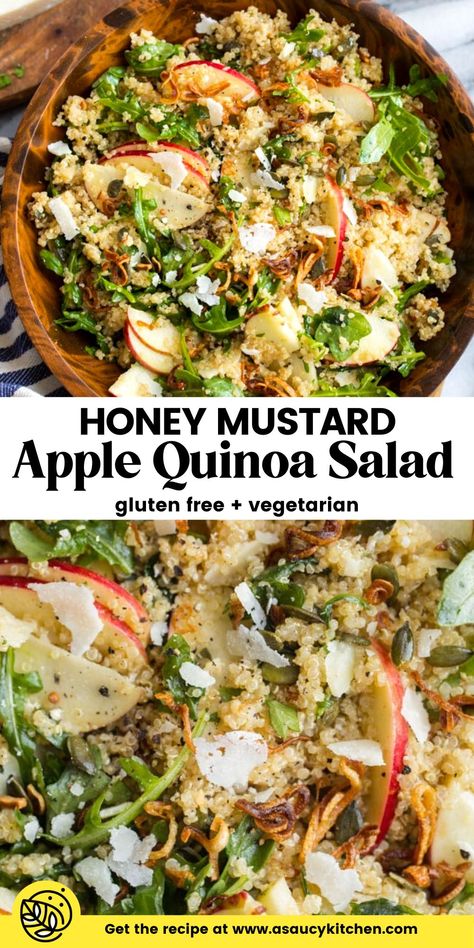 Fluffy quinoa, peppery arugula, sweet and crunchy apple slices with crispy fried shallots topped with a super simple honey mustard vinaigrette - there's so much to love in this quinoa apple salad! | Gluten Free + Vegetarian Quinoa Apple Salad, Apple Quinoa Salad, Apple Quinoa, Quinoa Recipes Easy, Apple Salad, Think Food, Quinoa Recipes, Quinoa Salad, Honey Mustard