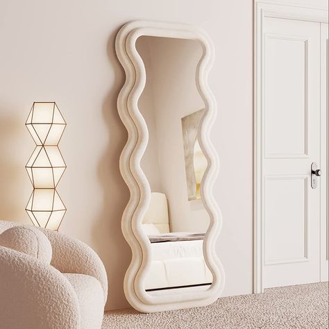 BOJOY Full Length Mirror 63"x24", Irregular Wavy Mirror, Wave Floor Mirror, Wall Mirror Standing Hanging or Leaning Against Wall for Bedroom, Flannel Wrapped Wooden Frame Mirror-White Arched Floor Mirror, Wavy Mirror, Wooden Mirror Frame, Elegant Mirrors, Preppy Room Decor, Preppy Room, Cute Bedroom Decor, Length Mirror, Bedroom Dorm