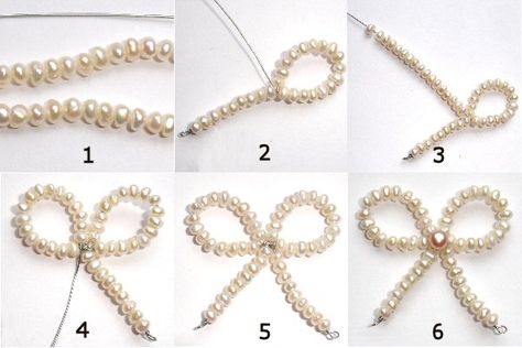 Pearl Beaded Jewelry Ideas, How To Make A Bow Necklace, Beaded Bracelets Tutorial Step By Step, Beaded Ribbon Tutorial, Beaded Bow Necklace Diy, Bow Beads Tutorial, How To Make Bow With Beads, Pearl Bow Tutorial, Diy Beaded Bow