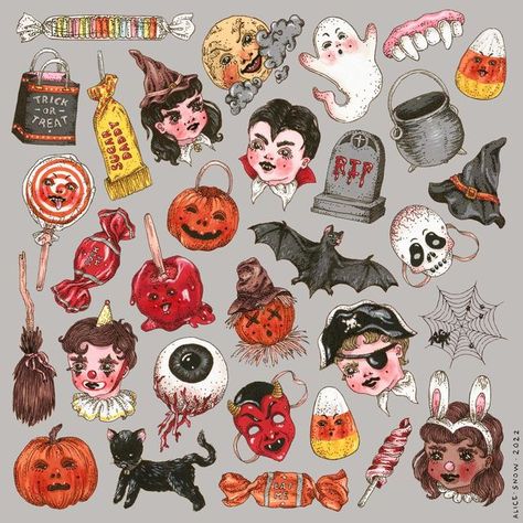 Vintage Halloween Art, Flash Sheet, Spooky Tattoos, November 1st, Halloween Illustration, Halloween Inspo, Season Of The Witch, Arte Inspo, Halloween Stickers