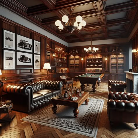 Experience timeless luxury in this opulent man cave, complete with vintage pool table, plush Chesterfield sofas, a well-stocked bar, and a cozy marble fireplace. Embrace nostalgia with classic car photos and the hum of a record player. #LuxuryManCave #VintageVibes #HomeDesign #InteriorInspo #ClassicLiving #LeatherSofaLovers Classic Basement Bar, Vintage Bar Table, Vintage Gentleman Room, Gentlemans Club Interior Design, Vintage Home Bar Ideas, Speakeasy Man Cave, Industrial Man Cave Ideas, Luxury Mancave, Elegant Man Cave