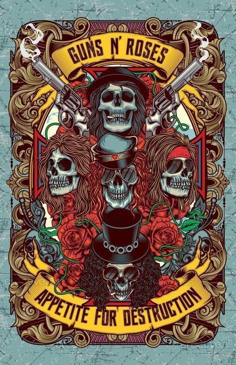 Designing Art, Rock Poster Art, Rock N Roll Art, Art Hippie, Rock Band Posters, Music Poster Ideas, Vintage Music Posters, Roses Print, Music Poster Design