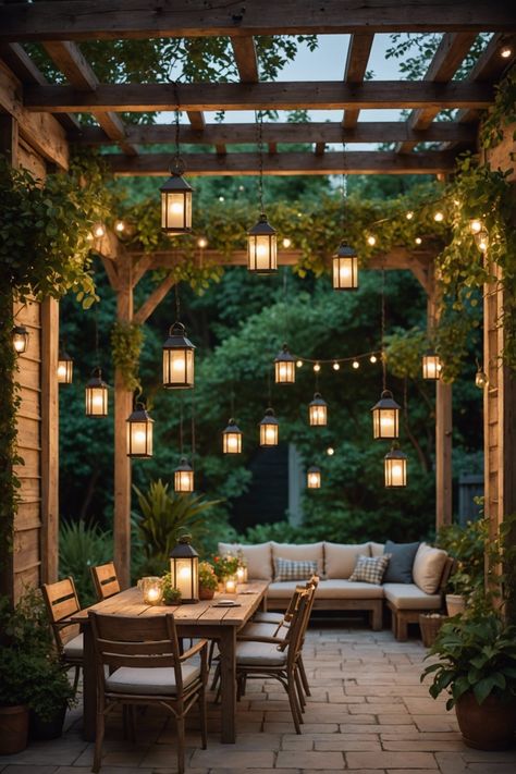 20 Stunning Hanging Patio Light Ideas - Toolz Geek Whimsical Outdoor Lighting, Lights On Trellis, Pergola Decorations Ideas, Outdoor Hanging Lights Pergola, Hanging Lights On Pergola, Outdoor Patio Lighting Ideas Porches, Pergola Lights Ideas, Lantern Hanging Ideas, Pergola Lights String Ideas