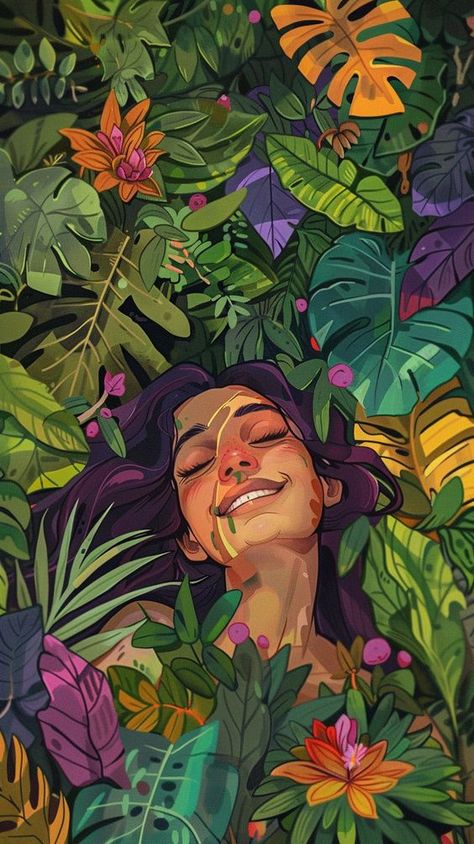 The woman again, this time in a lush, green forest. She is smiling, her one eye closed in contentment. The plants around her are vibrant and full of life --ar 9:16 Smiling Woman Painting, Vibrant Character Design, Forest Aesthetic Painting, Woman Wallpaper Iphone, Wallpaper Iphone Inspiration, Woman Aesthetic Wallpaper, Wallpaper Vibrant, Dp Ideas, Smile Illustration