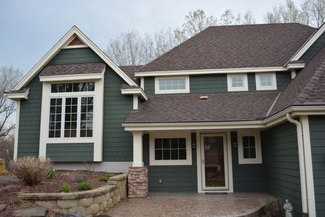 Cypress Certainteed Siding, James Hardie Green Siding, James Hardie Dried Eucalyptus, Green Hardie Board House, Hardie Board House, Certainteed Siding, Green House Color, Gambrel Exterior, Green Siding