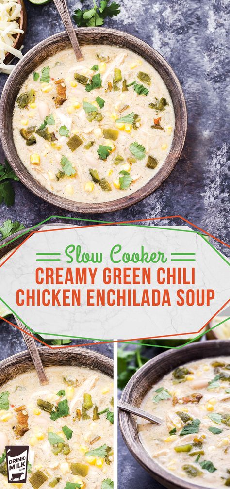 Slow Cooker Creamy Enchilada Soup Creamy Enchilada Soup, Green Chile Chicken Enchilada Soup, Chili's Chicken Enchilada Soup, Creamy Enchilada, Enchilada Soup Recipe, Green Chile Chicken Enchiladas, Green Chile Chicken, Chicken Enchilada Soup, Enchilada Soup