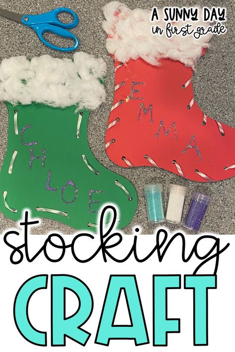 December Projects For Preschoolers, Christmas Stockings Craft Preschool, Stocking Toddler Craft, First Day Of December Crafts, Christmas Stocking Preschool Crafts, December Crafts Preschool Easy, Deck The Halls Preschool Activities, Christmas Projects For First Grade, Preschool Crafts December