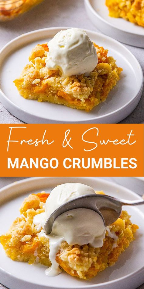 Enjoy the fruity & sweet mango crumbles to load tropical flavor! It is a sweet snack with fresh mangoes, lemon dash, and easy homemade crumbles. Perfect crumbly, crispy, rich, and vegan snack for your summer! What To Make With Frozen Mango, Mango Lemon Bars, Leftover Mango Recipes, Dairy Free Mango Dessert, Mango Treats Dessert Recipes, Gluten Free Mango Desserts, Mango Pineapple Dessert, Easy Dessert Recipes Fruit, Recipes With Dried Mango