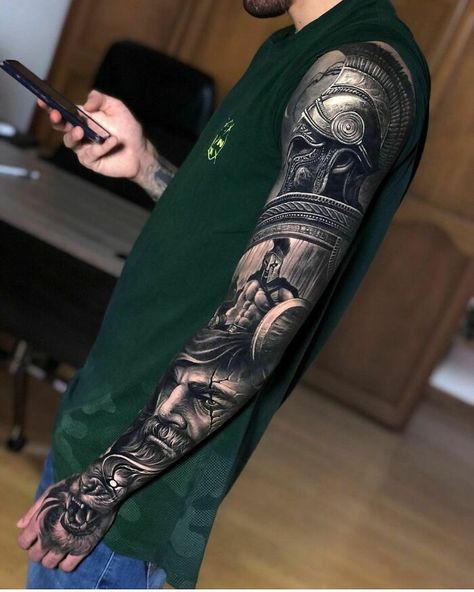 Female Tattoo Designs, Warrior Tattoo Sleeve, Roman Tattoo, Gladiator Tattoo, Spartan Tattoo, Tattoos Mandala, Full Arm Tattoos, Warrior Tattoos, Theme Tattoo