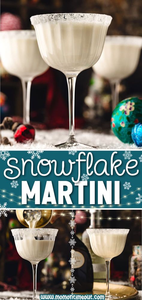 This stunning Snowflake Martini is the perfect blend of festive flavors and elegant simplicity! Artfully crafted with just three ingredients, this enchanting cocktail is the perfect way to celebrate this holiday season! | Mom On Timeout Snowflake Martini Vanilla Vodka, Holiday Martini Recipes Christmas, White Holiday Drinks, Fun Winter Alcoholic Drinks, Before Dinner Cocktails, January Cocktails Recipe, Expressing Martini, Yummy Drinks Alcohol, Thanksgiving Martinis