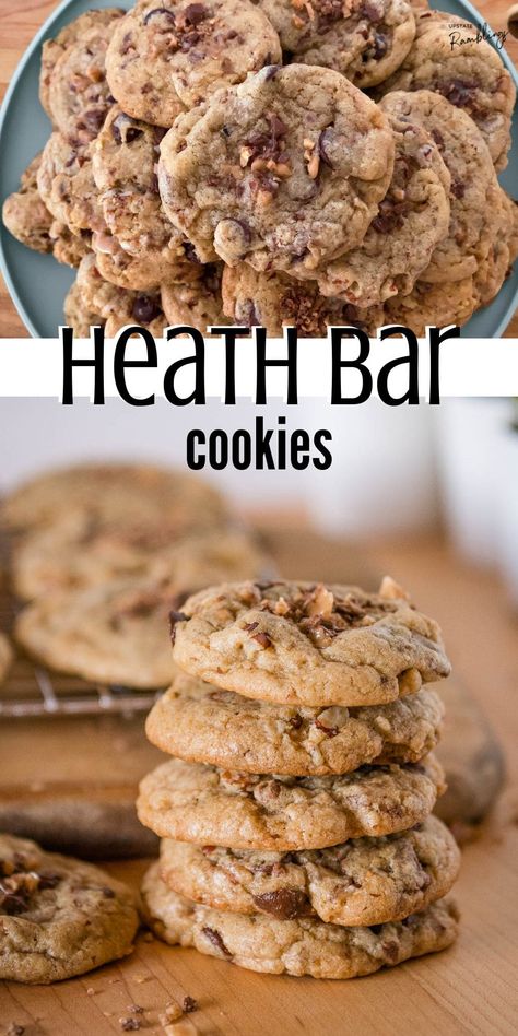 Heath Bar cookies combine crunchy toffee bits, pecans, and melty milk chocolate in a chewy cookie. Dessert Recipes With Toffee Bits, Health Bar Cookies Recipes, Cookies With Heath Bar Bits, Best Toffee Cookies, Oatmeal Heath Bar Cookies, Almond Toffee Cookies, Heath Bar Pieces Recipes, Heath Chip Cookies Toffee Bits, Heath Chocolate Chip Cookies Toffee Bits