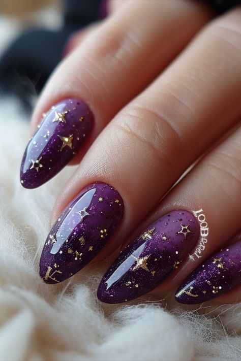 Purple Nail Designs 2024 Black And Purple Nails Wedding, Eclipse Nails 2024, Purple Gold Nail Art, Fall Nails Witchy, Bridesmaid Nails Purple Dress, Purple Nails Witchy, Purple Sun And Moon Nails, Purple Nails Elegant, Dark Purple Nail Designs Coffin