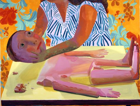 Dana Schutz - Boy. 2004, 42x54"  Dana Schutz is a contemporary painter who deals with ideas about creation and genesis... civilization and human behavior... making/creating and destruction. In this painting, it's unclear whether the boy's head is being placed or removed.  The woman's head is bisected from the composition, so there is just one head in the painting, but the one head still manages to complete both figures. Dana Schutz, Institute Of Contemporary Art, Contemporary Fine Art, Artist Paint, Art Center, Art Fair, Figure Painting, American Artists, Contemporary Paintings