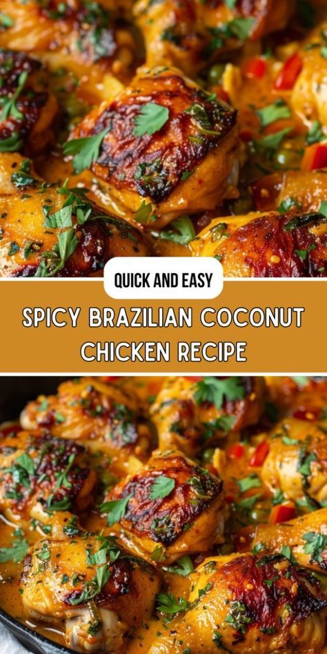 Spicy Brazilian Coconut Chicken Brazilian Chicken Recipes, Brazilian Coconut Chicken, Creamy Coconut Sauce, Cream Chicken Recipes, Coconut Chicken Recipe, Brazilian Chicken, Fakeaway Recipes, Brazilian Dishes, South American Recipes