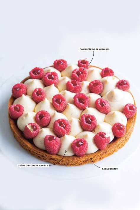 Dans son livre Les pâtisseries de Mama - Tartes & tartelettes (Marabout), Marine Guerna,  qui tient le compte Instagram @les_patisseries_de_mama,  partage avec ses lecteurs des recettes de tartes créatives et délicieuses ! On vous propose de commencer par cette très jolie tarte framboise crème diplomate qui saura embellir votre feed Instagram ! Patisserie Desserts, French Tart, Cake Filling Recipes, Honey Pie, Food Receipt, Tart Baking, Cake Shapes, Cake Fillings, Pastry Desserts