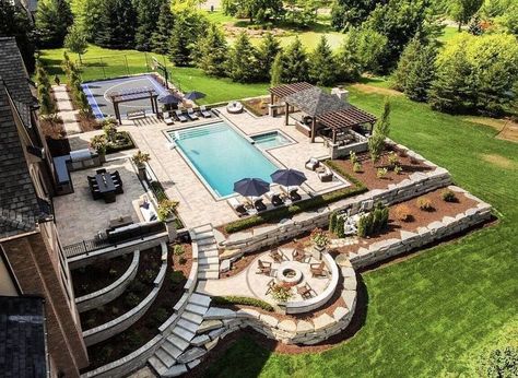 Big Backyard With Pool And Playground, Backyard Ideas Basketball Court, Pool With Basketball Court, Backyards With Basketball Courts, Home Outside Basketball Court, Big Family Backyard, Backyard With Pool And Pickleball Court, Pool Designs For Large Backyards, Backyard Sports Court Landscaping