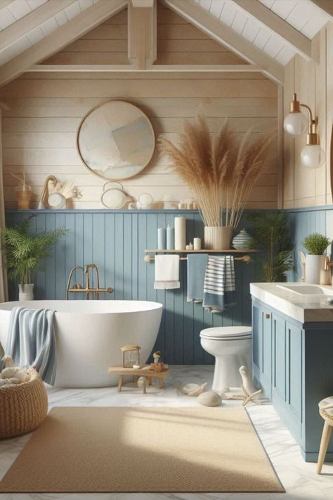 Bring the beach home with this soothing combination of ocean blue and sandy beige. A vacation vibe for your daily routine. #CoastalBathroom #BeachInspired Cream Beach House Exterior, Beach House Decor Aesthetic, Blue Tan Bathroom, Lake House Half Bathroom, Sea Blue Bathroom, Light Blue And Gold Bathroom, Beach Aesthetic Bathroom, Bathroom Remodel Colors Schemes, Bathroom Color Palette Ideas