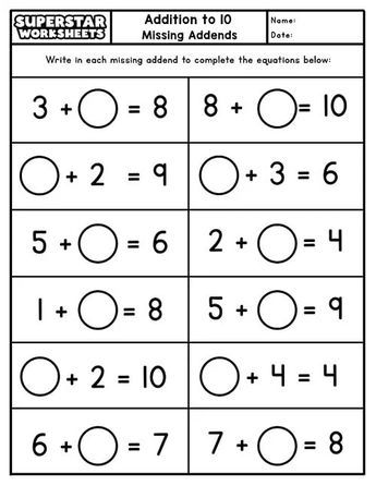 Missing Addends - 1st grade math Work Sheets For 1st Grade English Math, 1 Class Worksheets Maths, Work Sheets For 1st Grade English, Missing Number Worksheets 1-10, Addition And Subtraction Worksheets 1st, Mental Maths Worksheets For Grade 1, Missing Addends First Grade, Addition Activities For First Grade, Class 1 Maths Worksheets