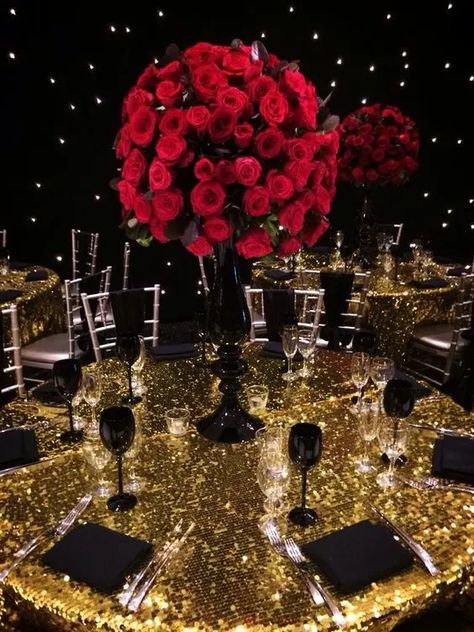 Black Red Party Theme, Red 40th Birthday Party Ideas, Red And Black Engagement Party, Gala Theme Party Outfit, Elegant Theme Party Ideas, Gala Party Ideas, All Black Party Theme, Lingerie Party Decorations, Elegant Party Themes