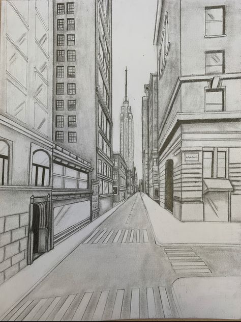 Pencil Art Drawings Buildings, London Perspective Drawing, Perspective Pencil Drawing, Architecture Pencil Drawing, Cool Perspective Drawings, Building Sketches Pencil, One Point Perspective Drawing Street, How To Draw A City, Building Perspective Drawing