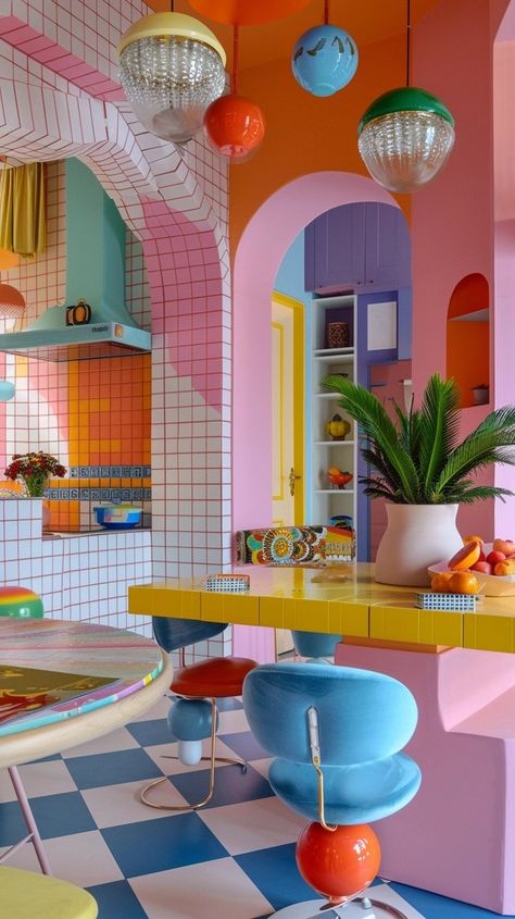 If I Designed an Airbnb Mansion: Bringing the Vibrant Vibe to Life — Living Bright Interiors Energetic Interior Design, Bright Colored Interiors, Experiential Interior Design, Maximal Interior Design, Colorful 80s Aesthetic, Triadic Interior Design, Color Blocking Interior Design, Modern Mexican Interior Design, Bright Color Room