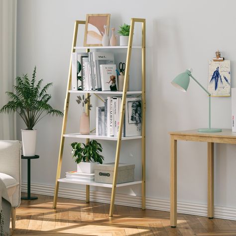 Arrives by Sat, Feb 4 Buy Homfa Ladder Bookshelf, 4-Teir Iron Leaning Bookcase for Home Office, White and Gold at Walmart.com Iron Ladder, Leaning Bookshelf, Gold Bookshelf, Leaning Bookcase, Home Office White, Free Standing Shelves, Vintage Bookshelf, Gold Rooms, Ladder Bookshelf