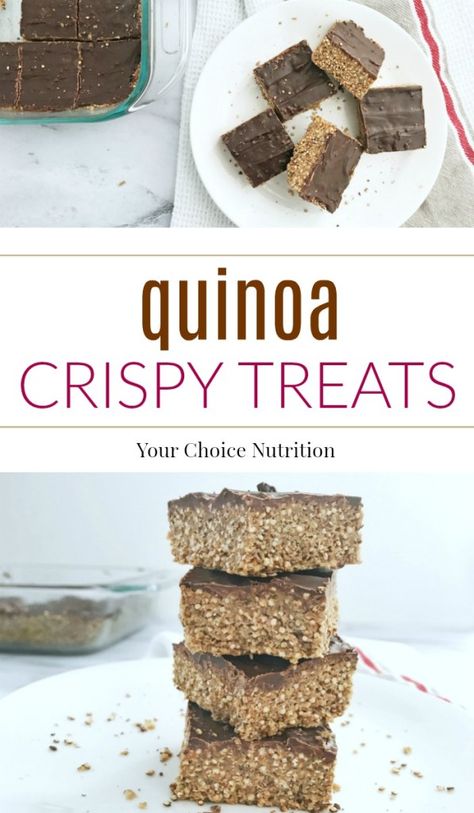 These quinoa crispy treats offer a healthier alternative to traditional rice crispy treats. With healthy fats, 5 grams of protein and 3 grams of fiber per bar these are a treat you can feel good about sharing with family and friends! | recipe via www.yourchoicenutrition.com Quinoa Krispie Treats, Quinoa Desserts, Chocolate Rice Crispy Treats, Friends Recipe, Bakers Delight, Healthy Food Alternatives, Family Snacks, Desserts Snacks, Krispies Treats