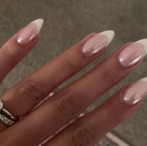 Nails on Instagram: "Chrome over classic French 🤍" Simple Chrome French Tip Nails, French Nail Crome, French Tip Crom Nails, White French Crome Nails, Fresh Chrome Nails, Nail Inspo Chrome French, Chrome French Dip Nails, French W Chrome, Almond Nails French Tip Chrome