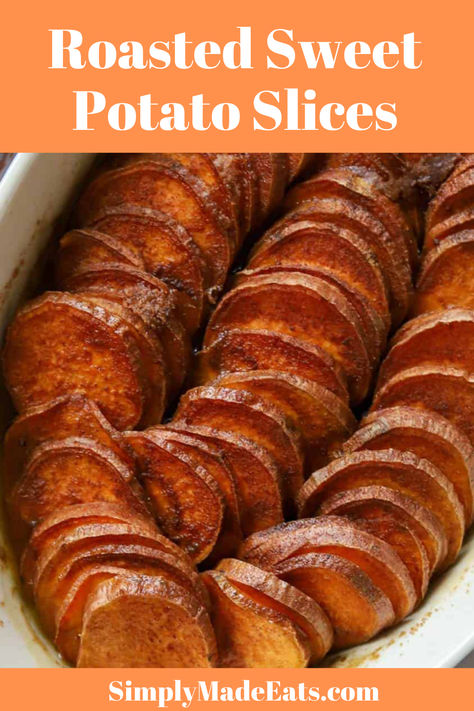 Slices of sweet potatoes in dish. Sweet Potato And Onion Bake, Chopped Baked Sweet Potatoes In The Oven, Hasselback Sweet Potato Recipes, Baked Sliced Sweet Potatoes, Baked Sweet Potato Slices In Oven, Sweet Potato Recipes Make Ahead, Roasted Sliced Sweet Potatoes, Baked Sweet Potatoes In Oven, Toasted Sweet Potatoes Oven