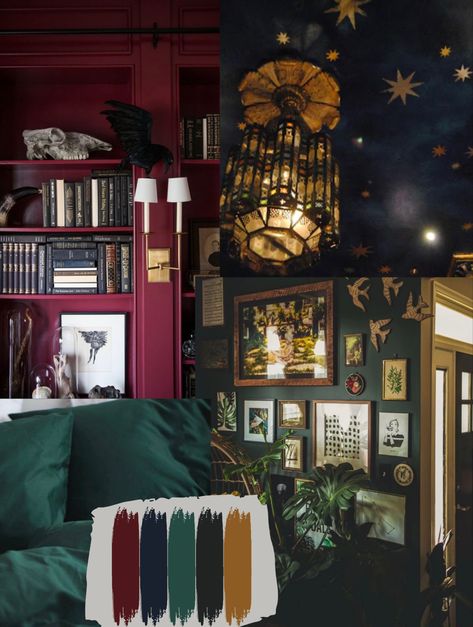 Moody Maximalist Library, Jewel Tone Wall Colors, Moody Maximalism Bedroom, Moody Bedroom Eclectic, Moody Maximalist Interior, Moody Bedroom Ceiling, Dark Eclectic Bedroom Ideas, Jewel Tone Home Library, Jewel Tone Sitting Room