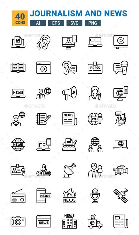 Journalism and News - Icons News Paper Drawing, Journalism Poster, Journalism Logo, Newspaper Icon, Journalism Ideas, Bullet Journal Icons, News Icon, Paper Logo, Event Website