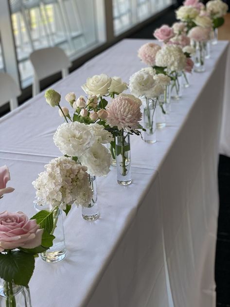 Soft pink and white flowers bud vases Bud Vase Hydrangea, Pink And White Rose Centerpieces, Pink Table Flowers, Pink Bud Vase Centerpiece, Wedding Table Hydrangea, Pink Rose Bud Vase, Pink And White Bud Vases Wedding, Soft Pink And White Wedding Flowers, Hydrangea Bud Vase Wedding