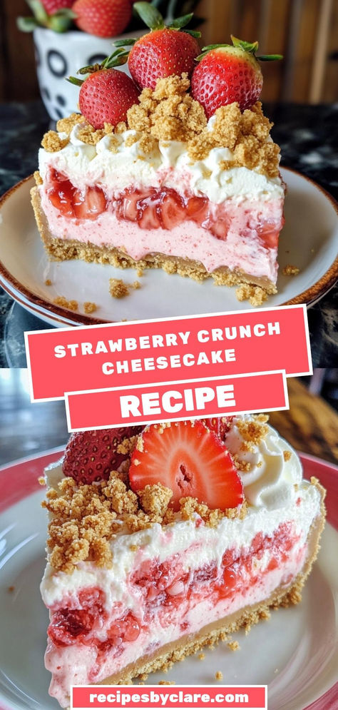 This Strawberry Crunch Cheesecake Delight is a creamy and fruity dessert layered with strawberry mousse and topped with a crunchy strawberry crumble. 🍓🍰

Ingredients:

2 cups cream cheese, softened
½ cup vanilla wafer crumbs
Fresh strawberries for garnish
Chill for a few hours, then serve for a delicious treat! Strawberry Cheesecake Layer Cake, 6 Inch Strawberry Cheesecake, Strawberry Crunch Pudding Recipe, Strawberry Shortcake Crunch Cheesecake, Strawberry New York Cheesecake, Berrylicious Strawberry Crunch Cheesecake, Strawberry Crunch Pie, Berrylicious Strawberry Crunch Cake, Fruity Cheesecake Recipes