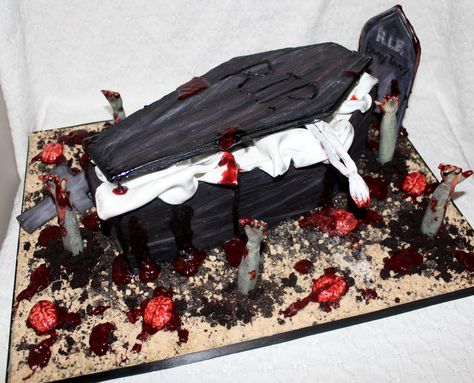 Halloween zombie graveyard casket cake Halloween Casket, Zombie Graveyard, Cake Halloween, Halloween Zombie, Zombie Halloween, Celebration Cakes, Graveyard, Zombie, Halloween