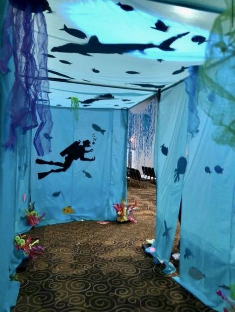 Gym Lobby, Vbs Ocean Theme, Ocean Vbs, Under The Sea Decorations, Ocean Birthday Party, Ocean Birthday, Underwater Theme, Vbs Themes, Ocean Party