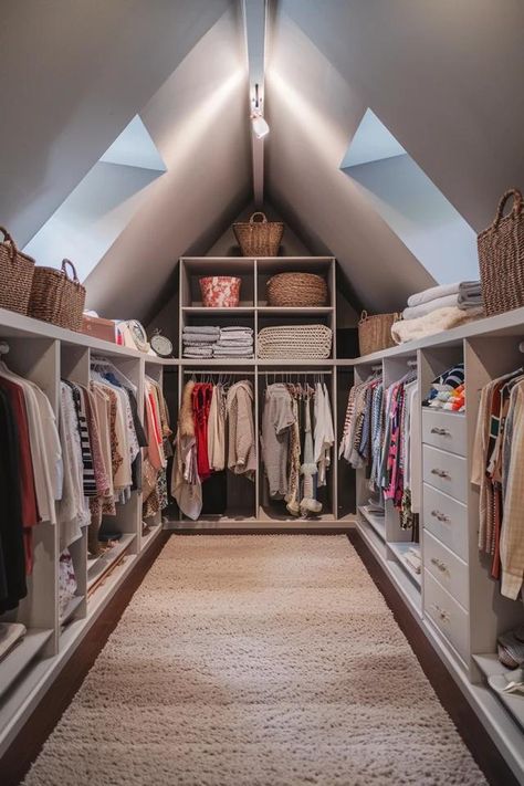 Transform Your Attic with Chic Closet Ideas Closet Staircase To Attic, Closet Behind Bed Attic, A Frame Walk In Closet, Attic Main Bedroom Ideas, Sloping Roof Closet, Closet Attic Sloped Ceiling, Wardrobe In Attic Space, Built In Attic Closet, Closet Design Slanted Ceiling