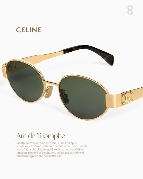 Since its inception, Celine has defined Parisian elegance. The Triomphe 01 sunglasses reflect this legacy with their impeccable design and refined craftsmanship. inspired by the grandeur of Paris’s Arc de Triomphe, these shades feature a luxurious gold frame and refined green lenses. Perfect for those who seek timeless elegance in every moment. #celine #celinetriomphe #celinemetal01 Celine Triomphe Sunglasses Gold, Celine Gold Sunglasses, Triomphe Celine Sunglasses, Celine Accessories Jewelry, Celine Sunglasses Triomphe, Celine Triomphe Sunglasses, Celine Glasses, Parisian Elegance, Sunglasses Celine