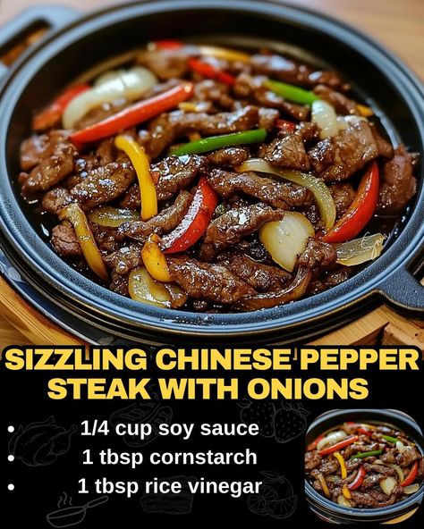 Sizzling Chinese Pepper Steak with Onions Sizzling Chinese Pepper Steak, Sizzling Chinese Pepper Steak And Onions, Chinese Pepper Steak Recipe Crock Pot, Sizzling Chinese Pepper Steak With Onions, Pepper Steak Recipe Chinese, Chinese Pepper Steak With Onions, Steak Chinese Recipes, Steak Stir Fry Sauce, Chinese Steak Recipes